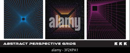 Futuristic 80s perspective grid floor background set. Neon wireframe with particles. Retro digital box surface with glowing gradient lines on black st Stock Vector