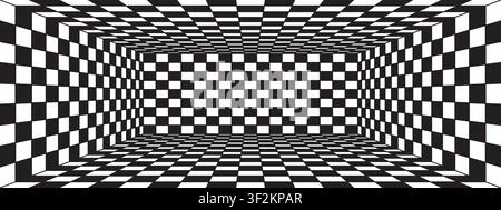 Black and white checkered perspective box room. Abstract 3D checkerboard wireframe tunnel background. Hypnotic chess pattern template for poster Stock Vector