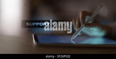 Support service management for customer assistance and technical help desk with touch device interaction Stock Photo