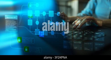 RPA robotic process automation system for enterprise workflow management with security locks and interactive digital interface Stock Photo