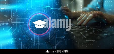 Education technology platform for online learning and student engagement with digital interface and hand typing Stock Photo