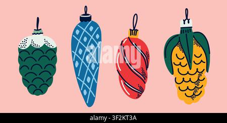 Vintage Glass Christmas Ornaments Collection with Pine Cone, Bauble and Bell Shapes, Hand Drawn Holiday Illustration Inspired by Retro Scandinavian Ch Stock Vector