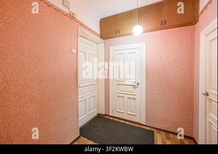 Entryway with pink textured wallpaper, two white panel doors, and a wooden cabinet with a globe light. Dark mat on wood floor Stock Photo