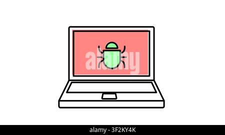 Laptop virus and bug icon: portable notebook computer displaying malware threat and software error symbol on screen, modern offset color line art vect Stock Vector