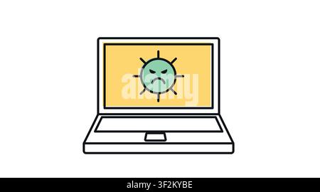 Laptop virus attack icon: portable notebook computer displaying angry malware monster and ransomware threat on screen, modern offset color line art ve Stock Vector