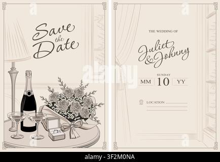 Luxury Minimal Vintage Wedding Invitation Card Template Featuring Elegant Line Art, Rose Bouquet, Champagne, Wedding Rings, Classic Interior, Neutral Stock Vector