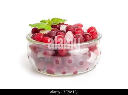 Frozen Lingonberry Isolated, Iced Cowberry Pile, Snow Cranberry in Glass Bowl, Red Viburnum Berries, Frozen Lingonberry on White Background Stock Photo