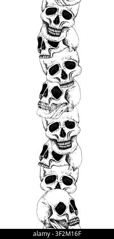Human skulls seamless vertical border. Graphic Vector illustration. Engraving isolated, Hand drawn style. Gothic, Punk design for Halloween decor Stock Vector