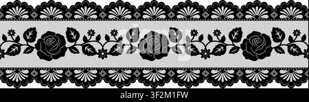 Elegant seamless lace border with vintage scallop edge and ornate rose floral trim. Vector design for wedding ribbon, fashion textile Stock Vector