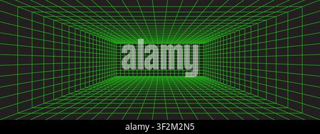 Futuristic green perspective grid box. Wireframe room on black background. Abstract 3D digital space with grid lines Stock Vector