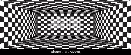 Black and white checkered perspective box room. Abstract 3D checkerboard wireframe tunnel background. Hypnotic chess pattern template for poster Stock Vector