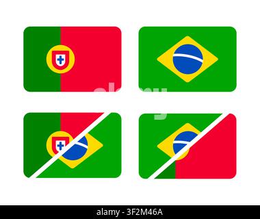 Portuguese language country flags set, Portugal and Brazil. Simple stylized cartoon icons with rounded corners. Flat vector style illustration. Stock Vector