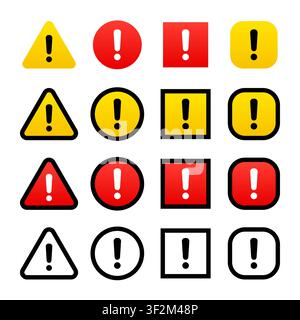 Warning, attention icons set. Exclamation mark symbol in triangle, circle and square. Bright colors and black and white line icon vector illustrations Stock Vector