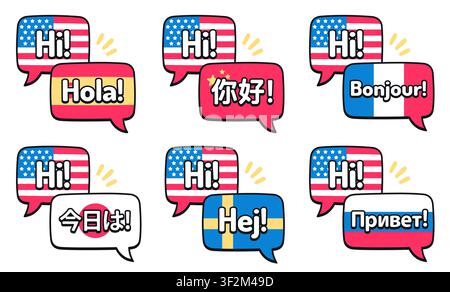 Speech bubbles saying Hi in different languages with country flags. Comic style vector illustration set. Language learning and communication. Stock Vector