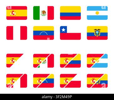 Spanish language country flags set, Spain and Latin America. Simple stylized cartoon icons with rounded corners. Flat vector style illustration. Stock Vector