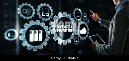 Network monitor system for IT infrastructure management and performance tracking with cloud and server icons Stock Photo