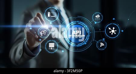 API integration platform for software development enabling seamless system connectivity with interactive elements Stock Photo