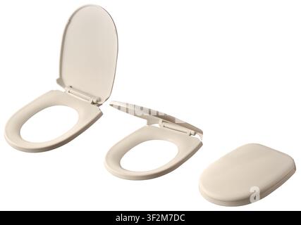 white toilet seats in different positions isolated white background, open and closed plastic bathroom fixtures, mock-up template angle view Stock Photo