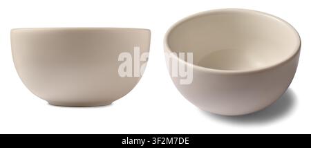 empty white ceramic bowls isolated white background, smooth matte porcelain kitchen dishware and dining utensils, different angles Stock Photo