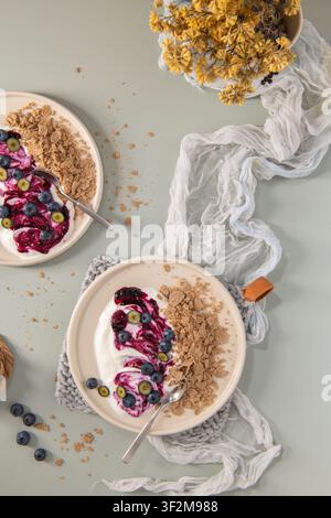 Two rustic ceramic plates are filled with creamy yogurt swirled with purple berry compote, topped with fresh blueberries and crisp bran flakes. Soft d Stock Photo