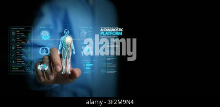 Doctor or surgeon touches human body scan interface with AI diagnostic summary. Modern healthcare technology, artificial intelligence precision medica Stock Photo