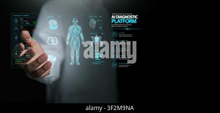 Professional doctor using advanced AI healthcare diagnostic platform with human body interface for artificial intelligence medical data analysis, prec Stock Photo
