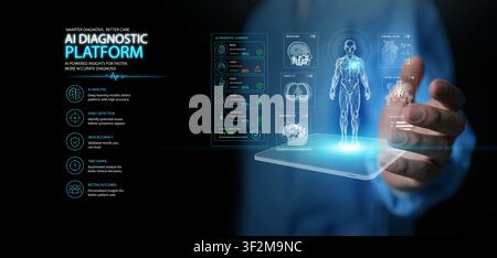 Doctor uses AI diagnostic platform with human body interface for precision medical analysis. Modern healthcare technology, artificial intelligence, an Stock Photo