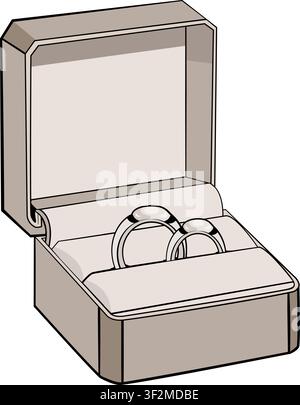 Vector illustration of two classic wedding rings or engagement bands placed inside an open elegant jewelry box, isolated. Stock Vector