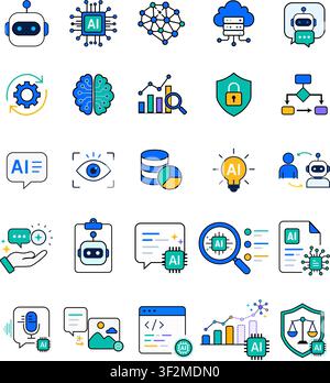 Collection of modern artificial intelligence and machine learning icons for chatbot, automation, data analysis, cloud computing, cybersecurity, coding Stock Vector