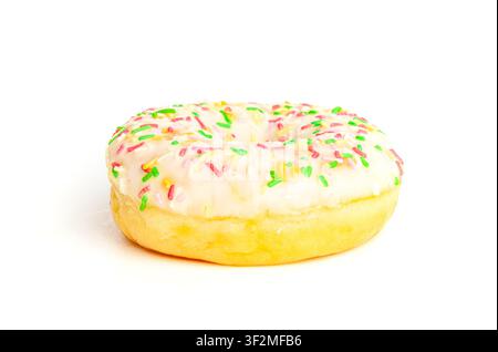 Yellow Doughnuts Isolated, Glazed Frosted Donuts with Colorful Sprinkles, Circle Cake Doughnuts on White Background Stock Photo