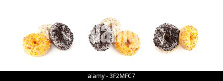 Doughnuts Pile Isolated, Chocolate Brown, Yellow and Pink Donuts, Donuts Stack with Multicolored Sprinkles, Doughnuts on White Background Stock Photo