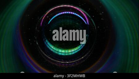 Holographic sphere. Round portal. Fantasy circle lens reflection light flare. Bubble prism mix swirl flow glow defocused background. Stock Photo
