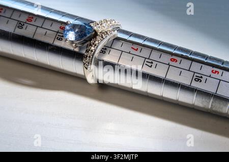 Close-up of a blue sapphire cocktail ring on a sizing mandrel, 2026, USA Stock Photo