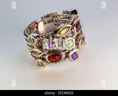 Vintage sterling silver multi-stone statement ring. Stock Photo
