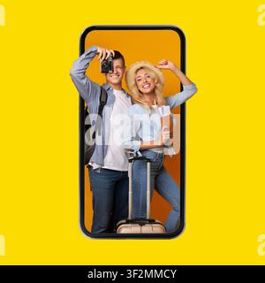 Happy Caucasian Couple Taking Selfie With Luggage, Traveling Together, Fun Vacation Concept Stock Photo
