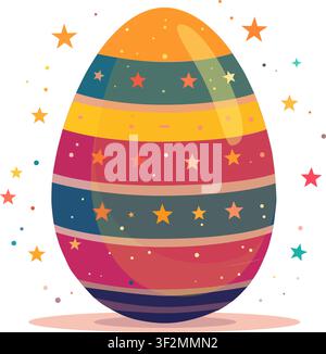 Colorful painted Easter egg with decorative stripes and stars isolated on white background. Stock Vector