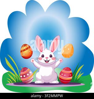 Cute Easter bunny with four colorful painted eggs on spring grass isolated on white background. Stock Vector