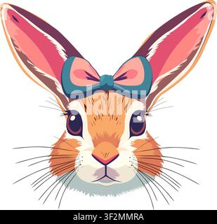 Cute Easter bunny face with bow isolated on white background for holiday and seasonal designs. Stock Vector