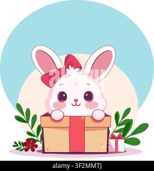 Cute Easter bunny sitting in gift box isolated on white background for holiday designs. Stock Vector