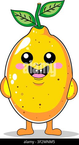 Cute cartoon lemon character with smiling face and green leaves isolated on white background. Stock Vector