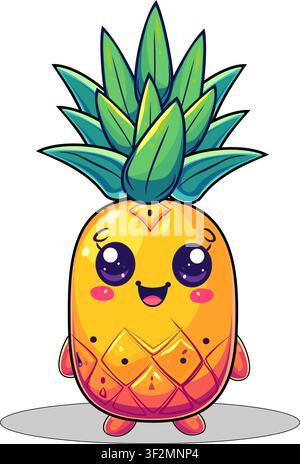 Cute cartoon pineapple character with smiling face and green leaves isolated on white background. Stock Vector