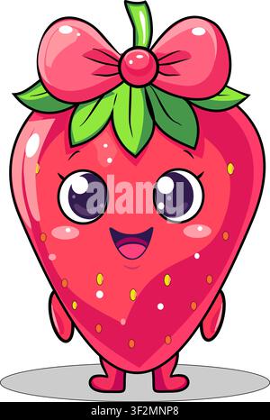 Cute cartoon strawberry character with pink bow isolated on white background. Stock Vector