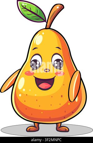 Cute cartoon pear character with smiling face and green leaf isolated on white background. Stock Vector