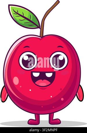 Cute cartoon cherry character with smiling face and leaf isolated on white background. Stock Vector