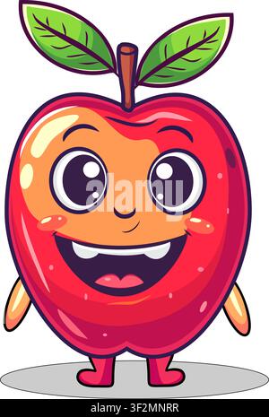 Cute cartoon apple character with smiling face and green leaves isolated on white background. Stock Vector