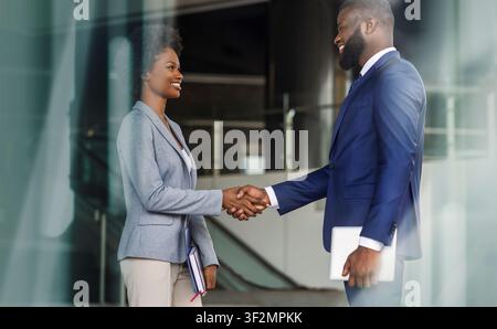 Business Meeting Between Two Professionals, African American Man And Woman Shaking Hands, Office Setting Stock Photo
