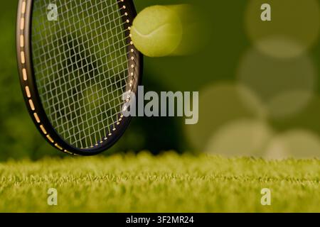 Dynamic sports luxe tennis banner with black racket and flying ball with motion blur effect.3d blender Stock Photo