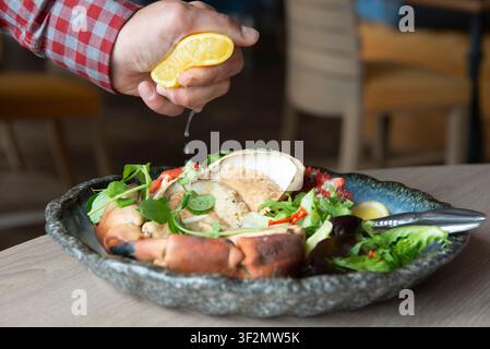 Squeezing Fresh Lemon Over a Delicious Gourmet Dish in a Cozy Dining Setting Stock Photo