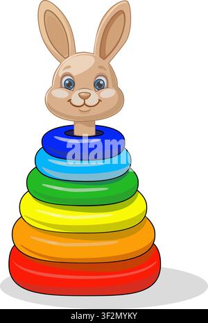 Rainbow stacking ring toy with bunny topper isolated on white background. Stock Vector