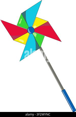Cute vector pinwheel toy isolated on white background. Colorful plastic wind spinner whirligig on a stick for kids, flat design. Stock Vector